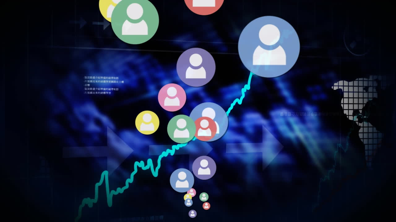 Animation of social media icons over statistics and data processing