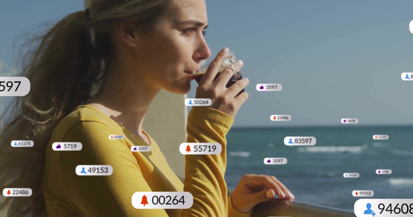 Woman sipping cold brew on ocean rail sparking social media counters drifting fading in marketing