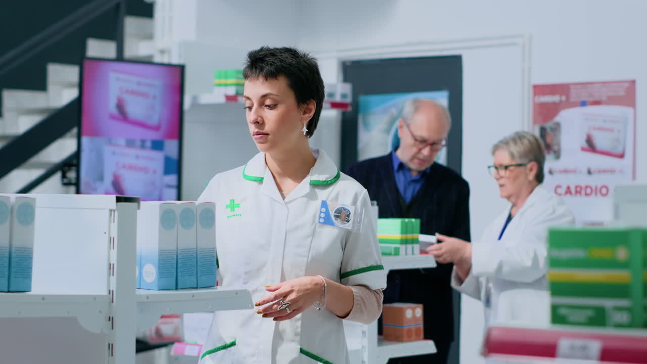 약국 에서 약 을 선반 에 놓고 있는 약사