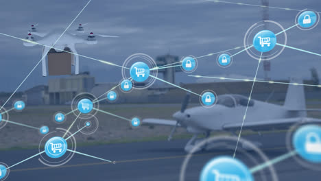 Animation-of-network-of-connections-with-icons-over-drone-and-plane