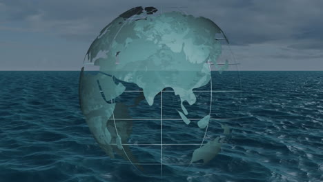 3D render digital globe displaying green continents floating above dark ocean waves with grid