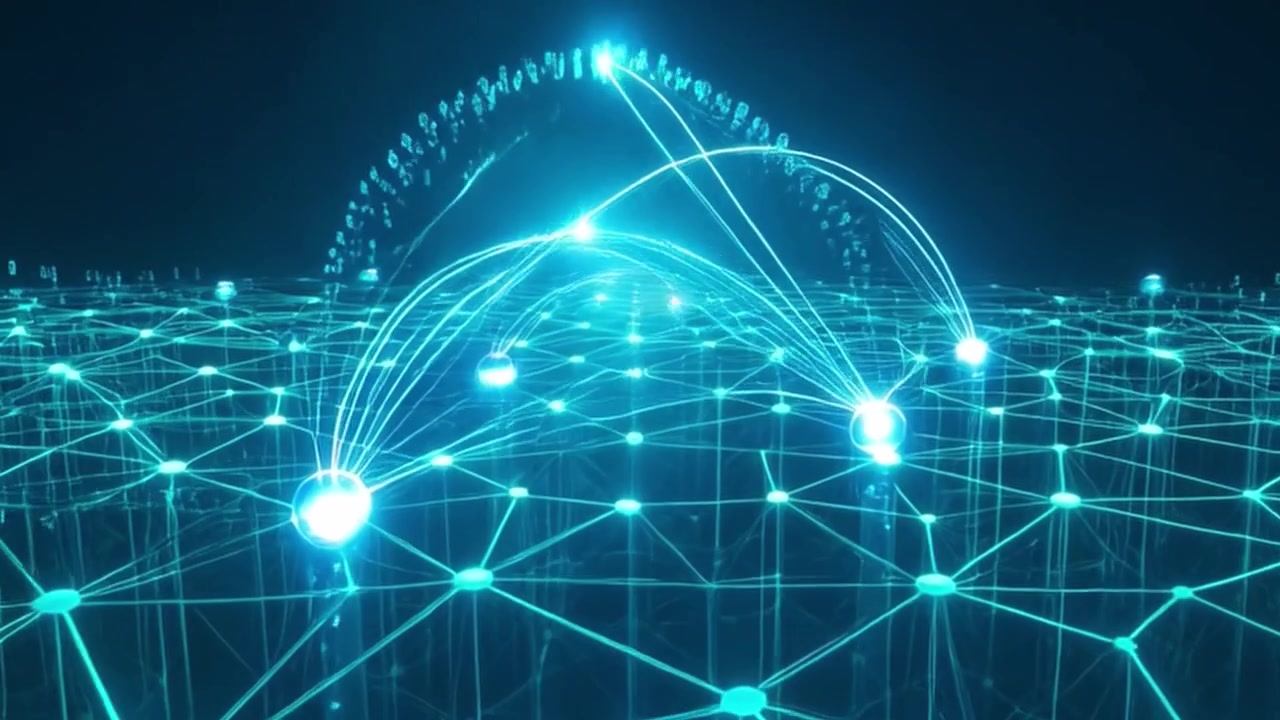 Digital Network Connection with Glowing Data Nodes and Binary Code