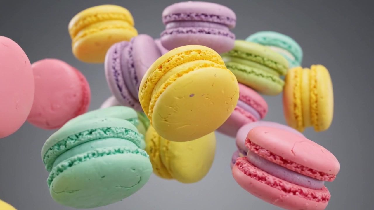 Colorful and Delightful Macarons Floating Elegantly in the Air, Showcasing Their Variety of Flavors and Textures in a Whimsical and Artistic Presentation