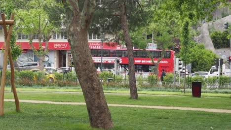 city park with double-decker bus