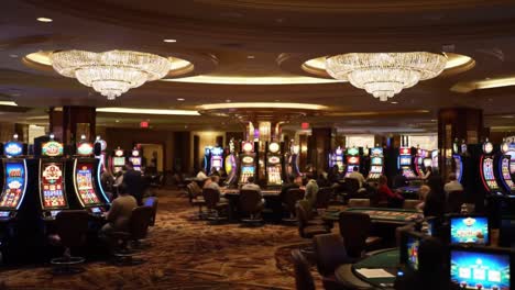 a vibrant casino atmosphere captured: elegant lighting and engaged players at various slot machines in a luxurious gaming environment