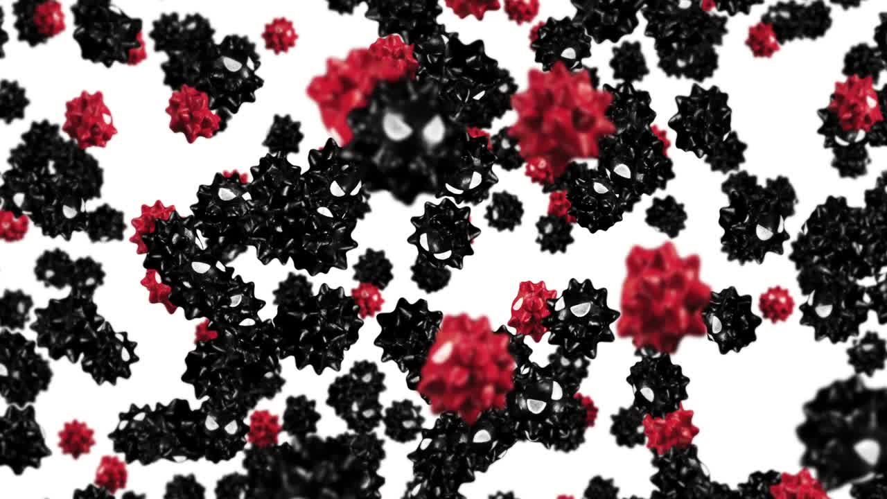 volando muchos virus en personaje de dibujos animados. rojo y negro. nueva cepa. variante. concepto médico. mascota de virus con enojado. animación de bucle 3d.