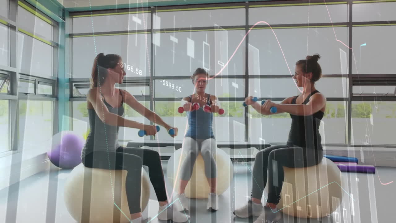 Three women performing seated bicep curls on balls in gym, with animated workout graphs
