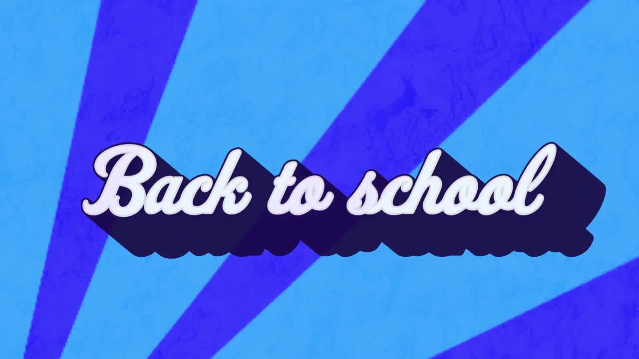 파란색 배경에 회전하는 방사선에 대항하여 학교로 돌아가는 텍스트 배너의 애니메이션