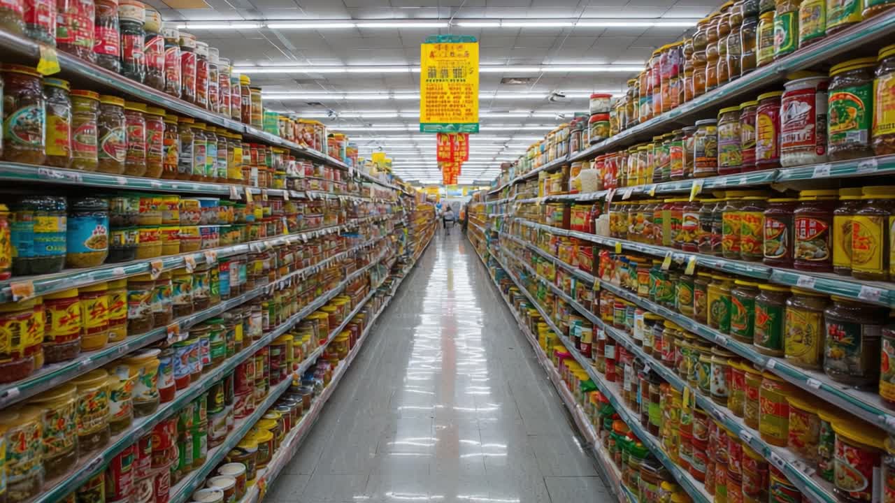 Vibrant Grocery Aisle Filled with Colorful Jars and Bottles: A Stunning Display of Varieties in a Well-Stocked Supermarket