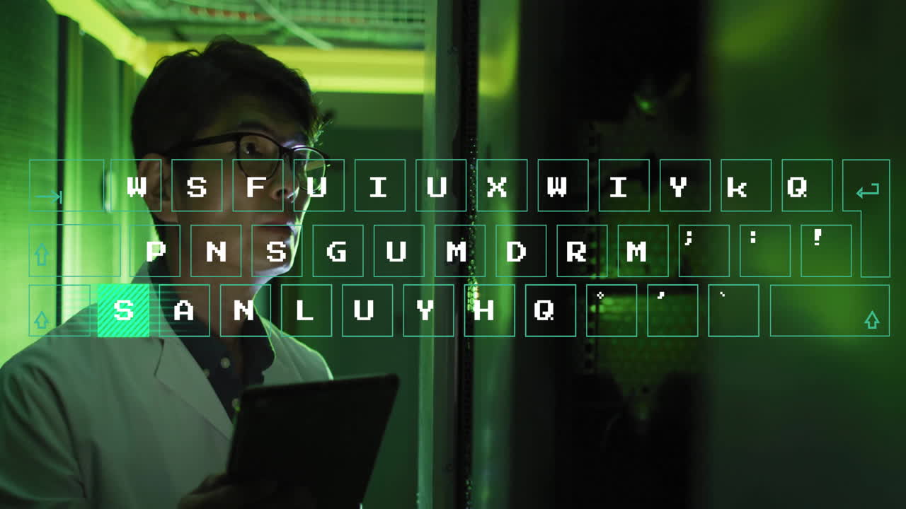 Animation of data processing over asian male it engineer by computer servers