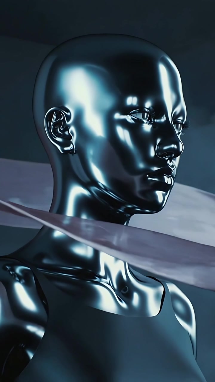 Vertical video: Panning camera revealing chrome bust's right profile in studio, ribbons sweeping