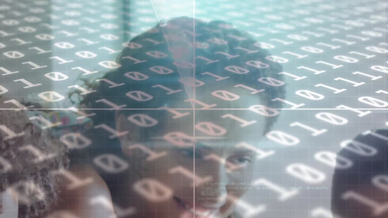 animación del procesamiento de datos a través de una red de conexiones y codificación binaria