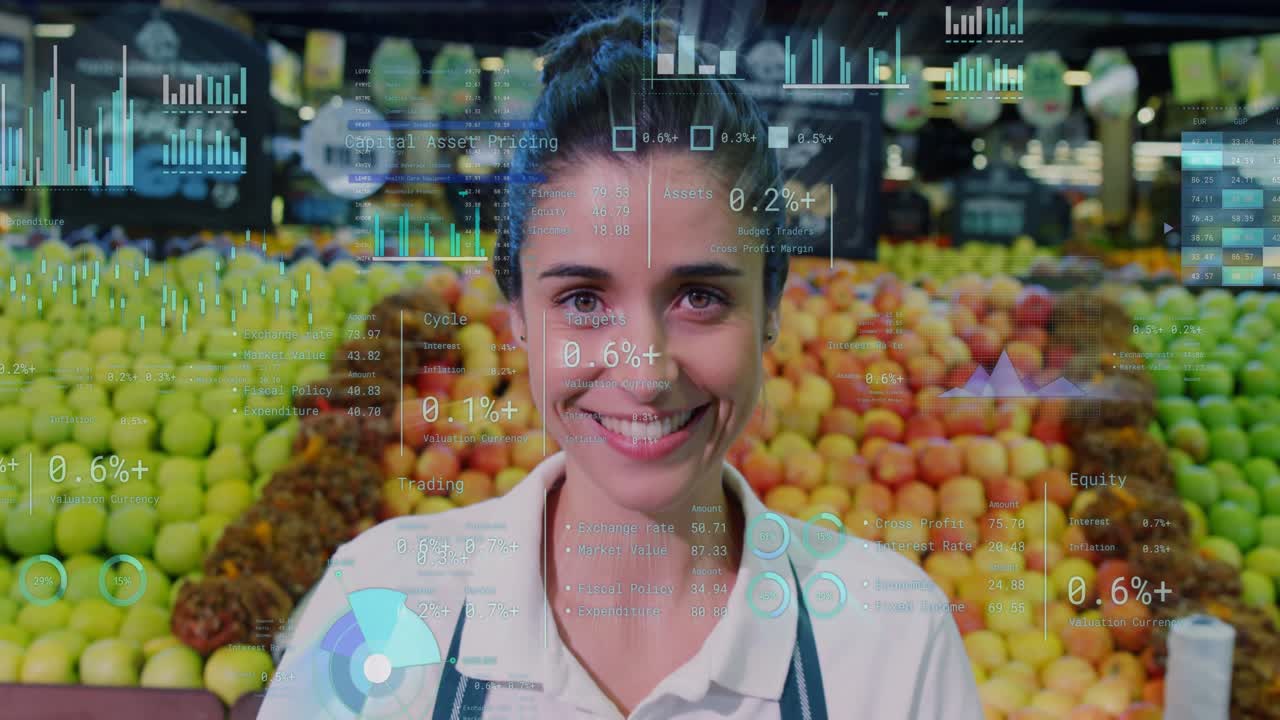 Camera pulling up from basket clerk smiling promoting fruit while HUD over clerk showing costs