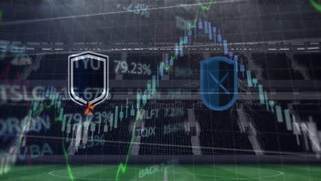 animación de emblemas de equipos con gráficos y procesamiento de datos sobre estadios deportivos