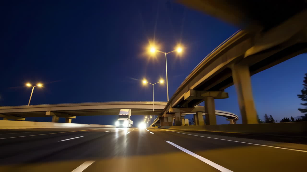 Night Highway Traffic with Truck and Overpass