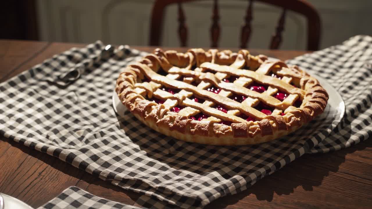 Freshly baked cherry pie sits on a checkered tablecloth on a rustic wooden table, emanating warmth and inviting indulgence, with another pie slightly visible in the foreground