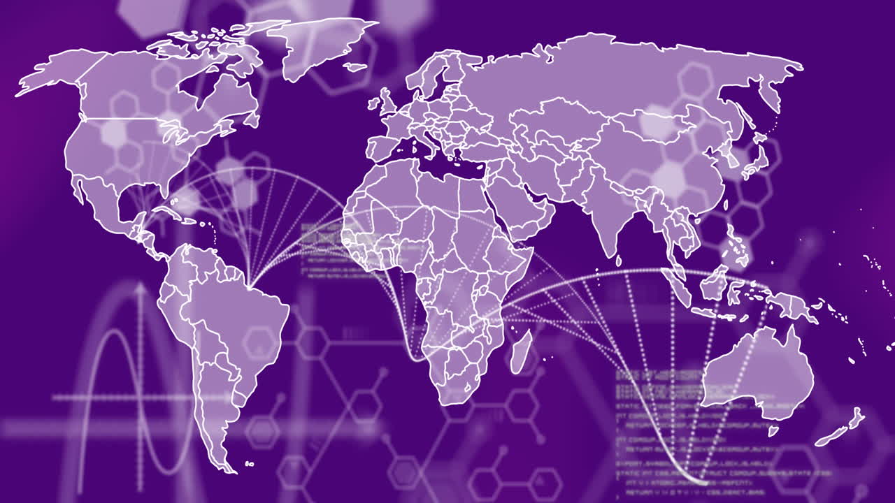 animación de la hilera de adn girando con el procesamiento de datos sobre el mapa del mundo