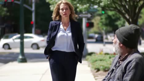 contrasting lives: a businesswoman passes a homeless man on a city street, highlighting the struggles of urban life and societal disparities in modern society