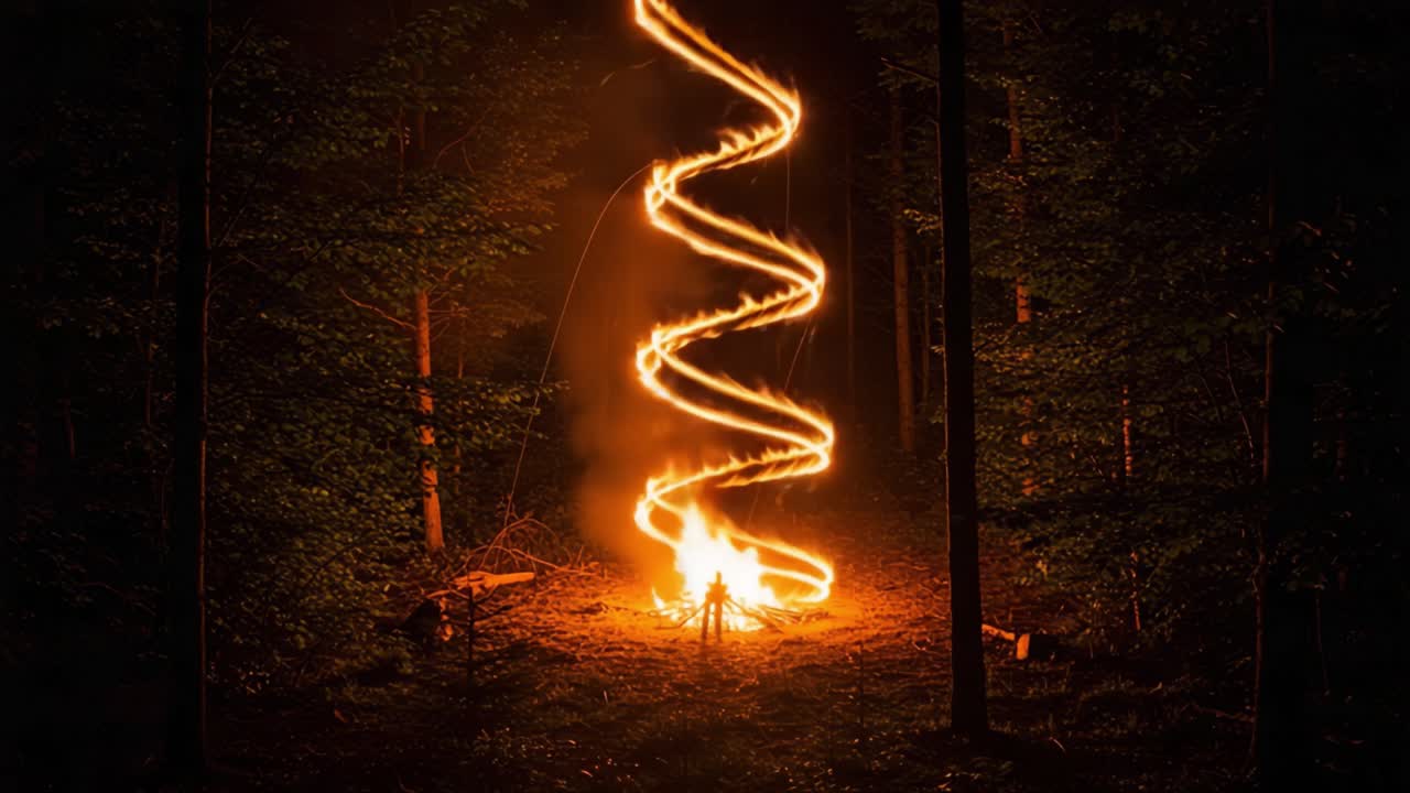 A Spiraling Dance of Flame: Captivating Fire Light Trails Illuminate the Dark Forest Night, Creating a Mesmerizing Visual Experience Around the Campfire