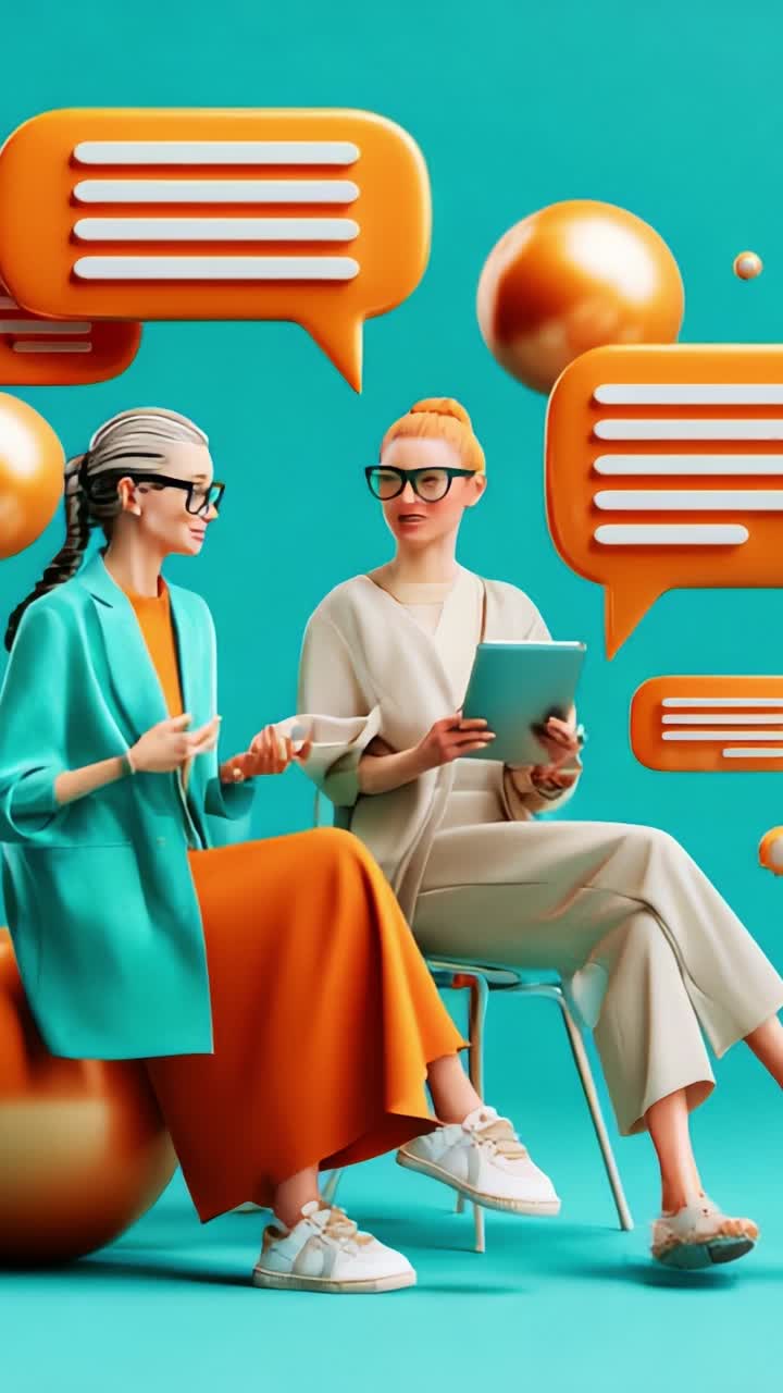 Two fashionable women engaged in a lively discussion surrounded by colorful speech bubbles representing communication and connection in a vibrant setting