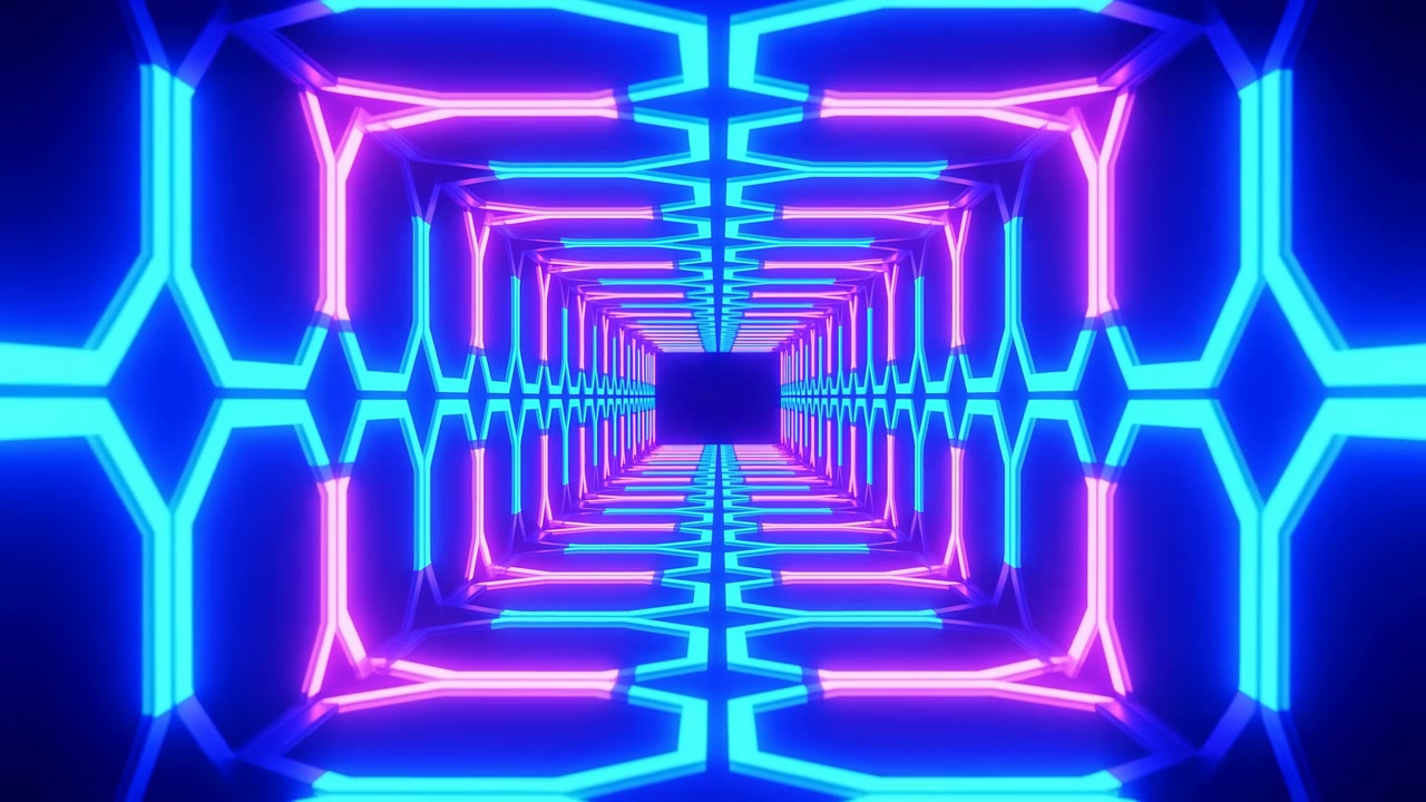 Blue Pink Neon Tunnel Hexagon Perspective Draws Viewer Inward, Glowing Cyan Walls And Magenta Frames Create