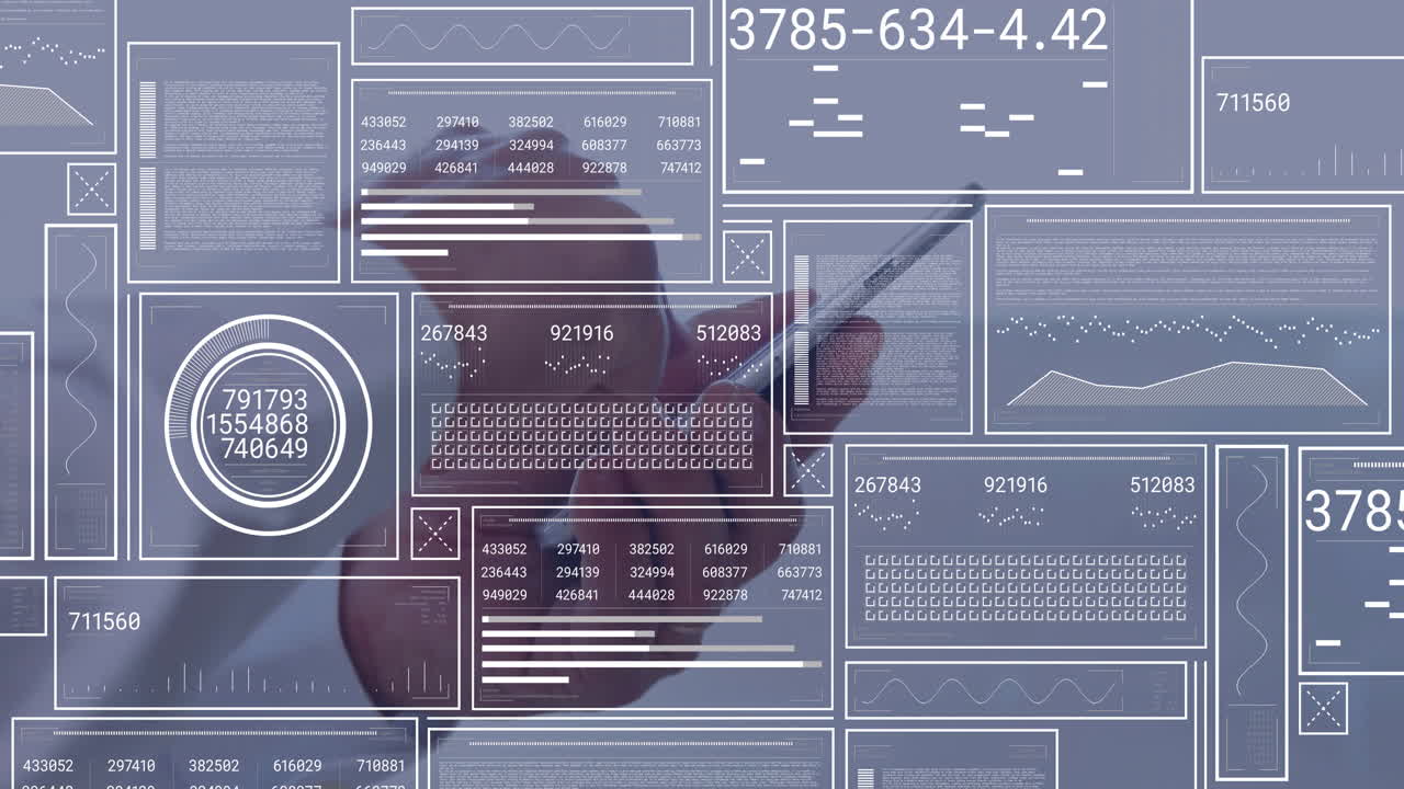 Interacting with digital interface, hand exploring animation of complex data graphs