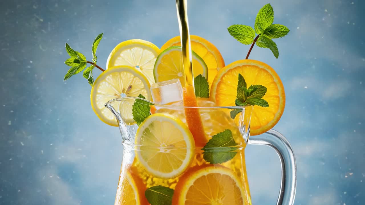 Refreshing Citrus Medley: A Vibrant Display of Lemon and Orange Slices Cascading into a Pitcher of Chilled, Sparkling Beverage Garnished with Fresh Mint Leaves
