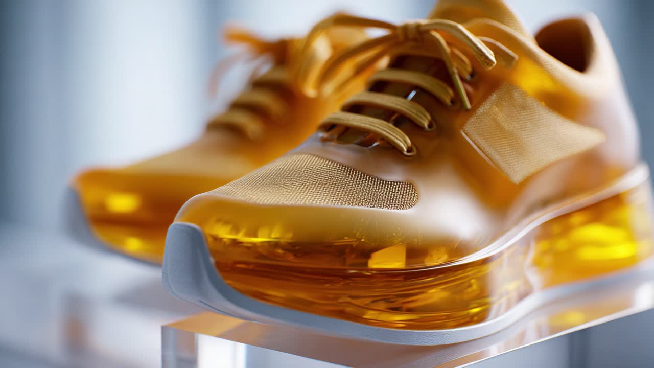 Scarpe sportive color ambra trasparenti ed eleganti, esposte su uno stand dal design raffinato e dall'estetica moderna, perfette per gli appassionati di sport e di abbigliamento casual