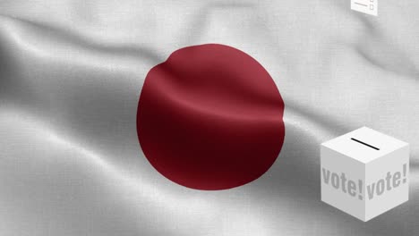 ballots fly to box for japan selection - ballot box in front of flag - election - vote - flag of japan - japan flag high detail - national flag japan wave pattern loopable elements - fabric texture and endless loop