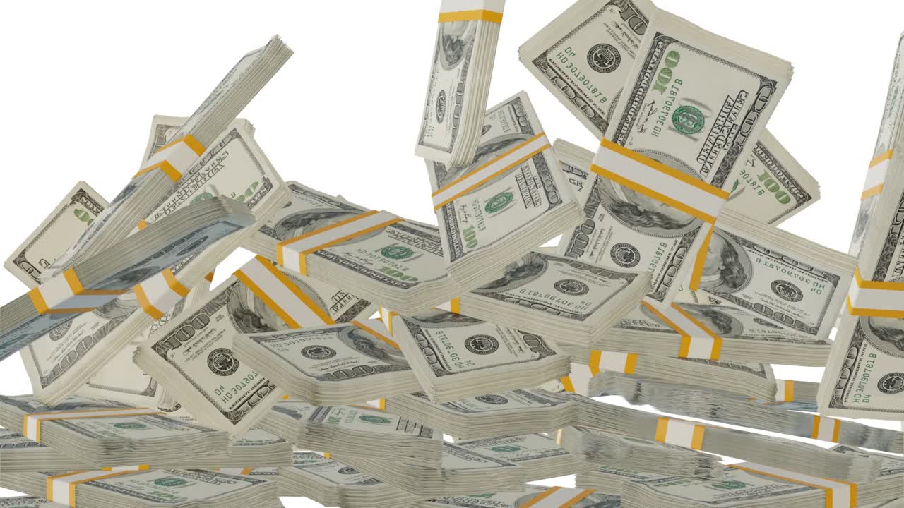 Many wads of money falling on table. 100 US dollar banknotes.