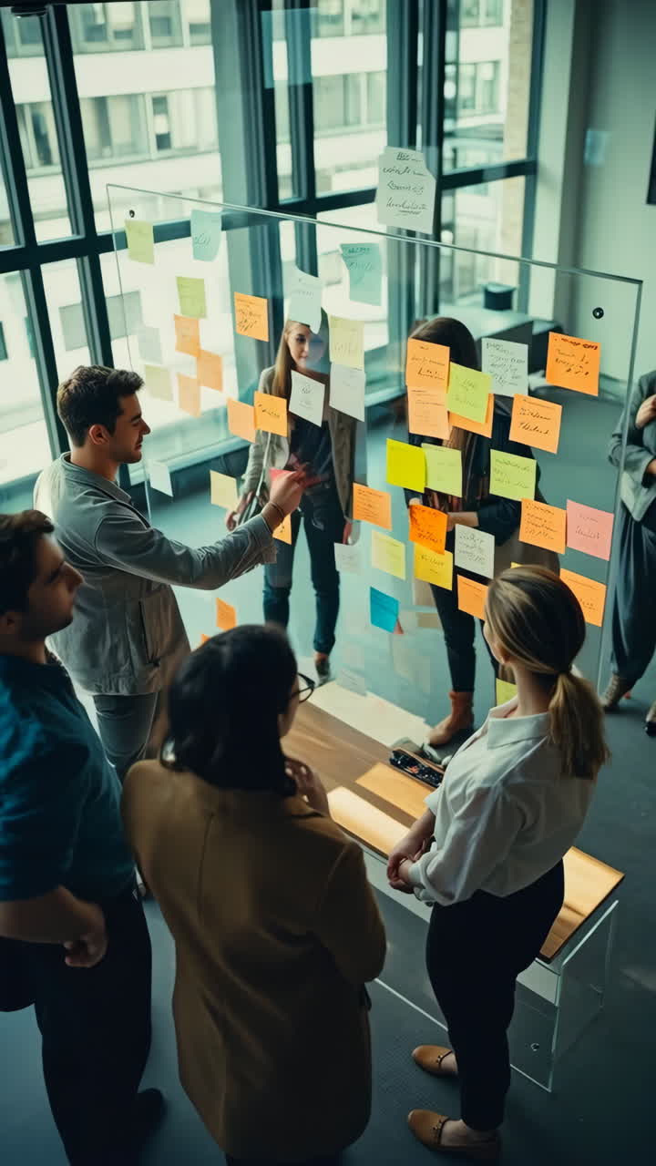 Profesionales de negocios colaborando con notas adhesivas en una pizarra de cristal