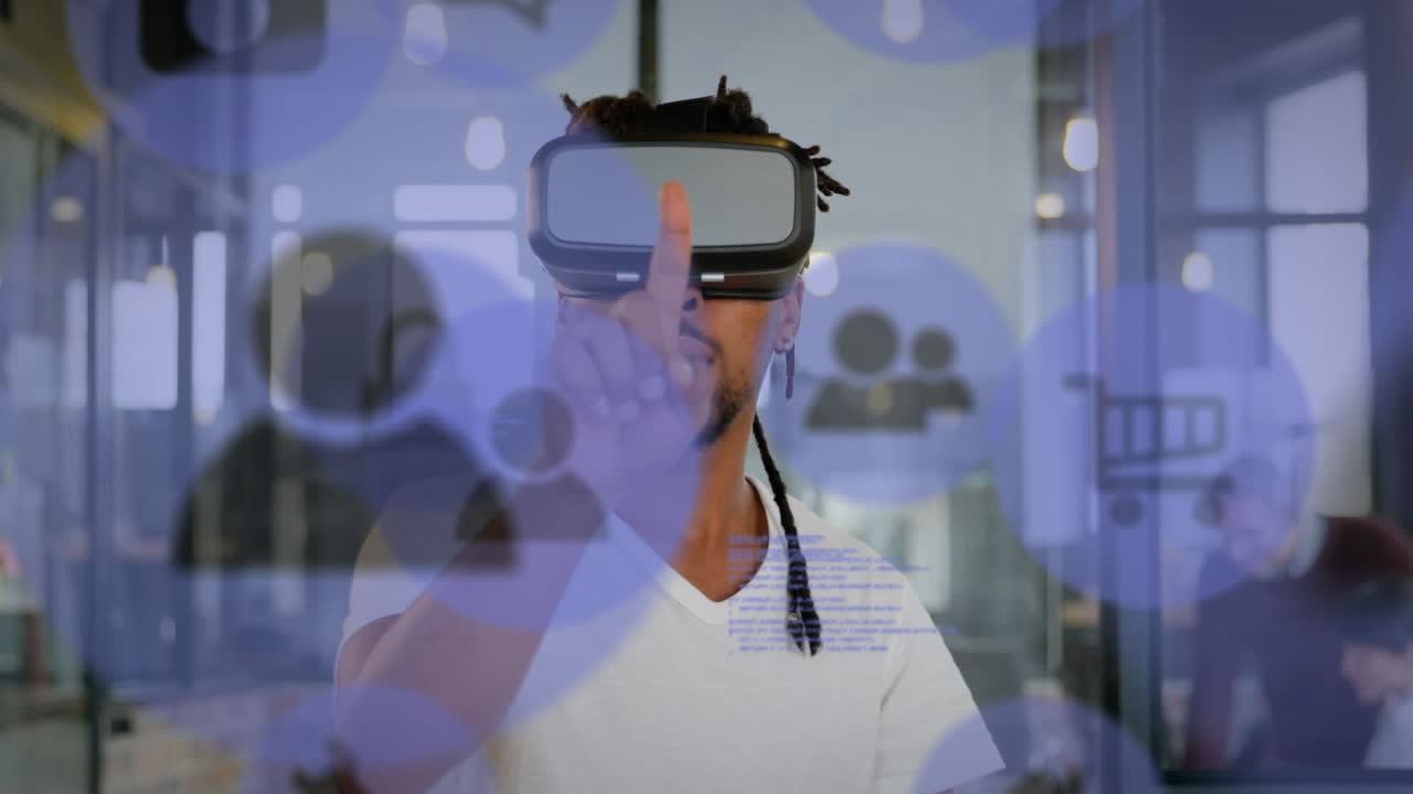 Animation of data processing and social media icons over biracial man wearing vr headset
