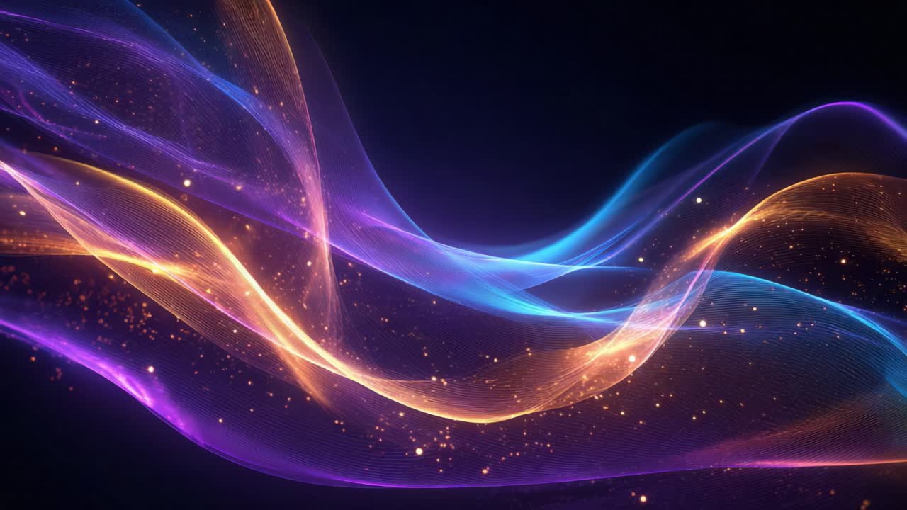 Glowing ribbons of purple, orange, and blue light gently flowing and waving across a dark background, creating a dynamic and mesmerizing visual effect accompanied by floating particles