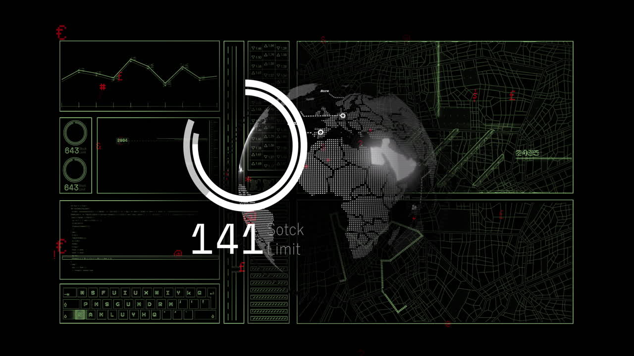 검은 바탕 위의 데이터 처리 및 지구의 애니메이션