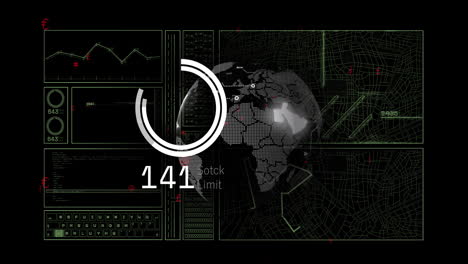 animación del procesamiento de datos y globo sobre fondo negro