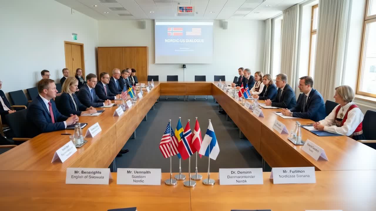 Delegati partecipano a un incontro formale di dialogo nordico-statunitense in una sala conferenze