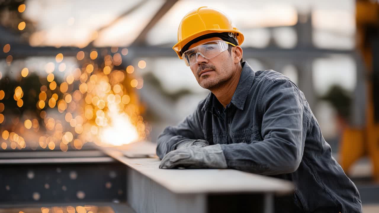 Construction worker welding steel beams with safety gear