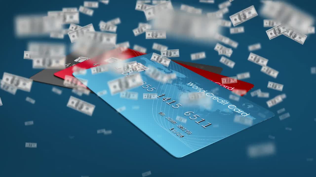 animación de billetes de dólares estadounidenses que se elevan sobre tarjetas de crédito sobre un fondo azul