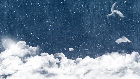 animación de nieve cayendo sobre nubes y luna en un paisaje de invierno