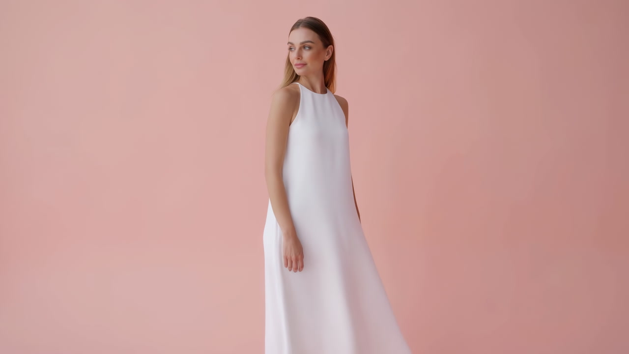 Caucasian Woman In White Gown Pink Backdrop Soft Studio Light, Minimalist Bridal Lookbook Sequence Model Poses