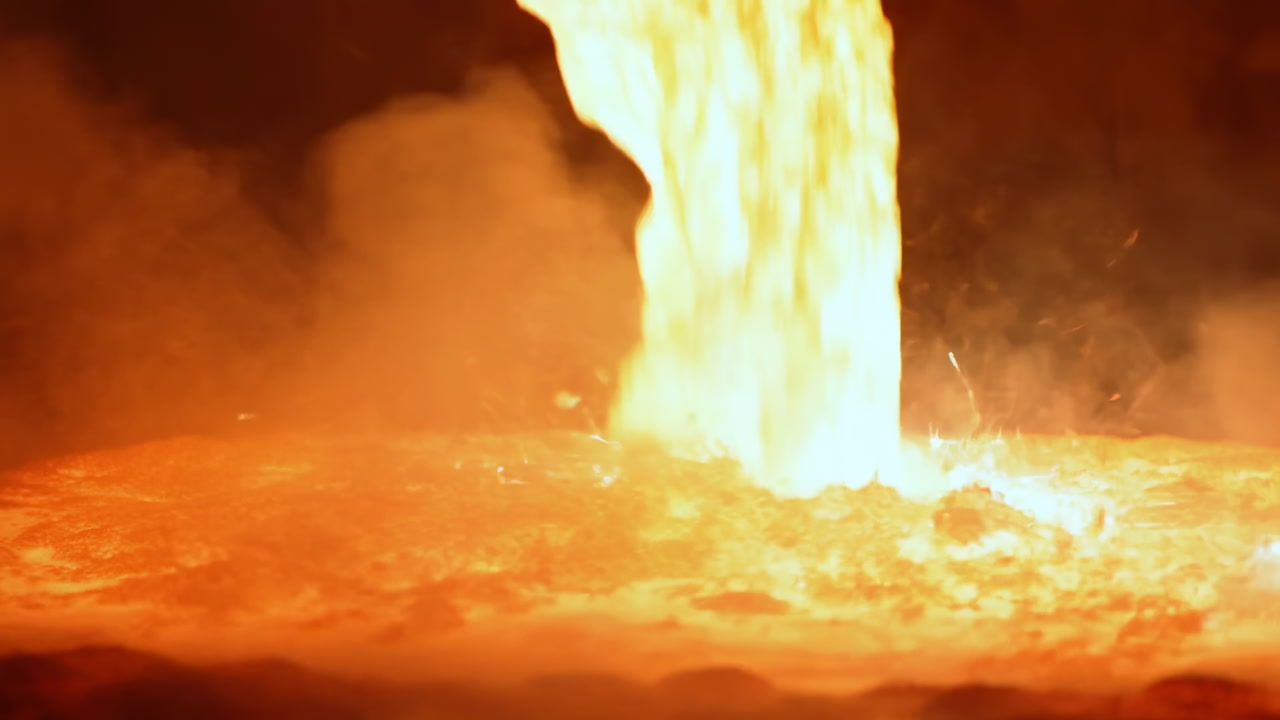 Molten Metal Pour Hitting Glowing Pool, Intense Foundry Scene With Sparks, Steam, Orange Light, Cinematic