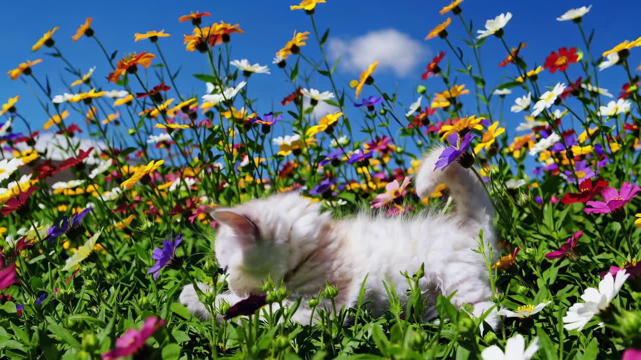 A fluffy kitten lies in a vibrant flower bed, captured from a low-angle