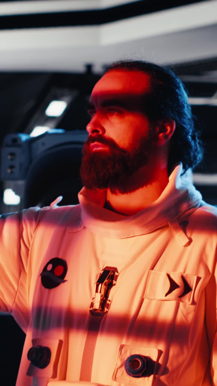 Vertical video Portrait of smiling astronaut holding helmet inside space station