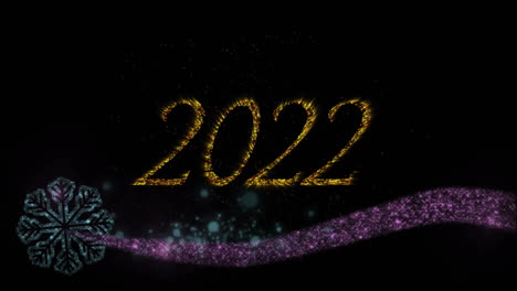 animation of 2022 text in gold with blue and pink new year fireworks in night sky