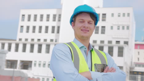 architect, construction worker and man with smile