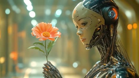 robot holding a flower