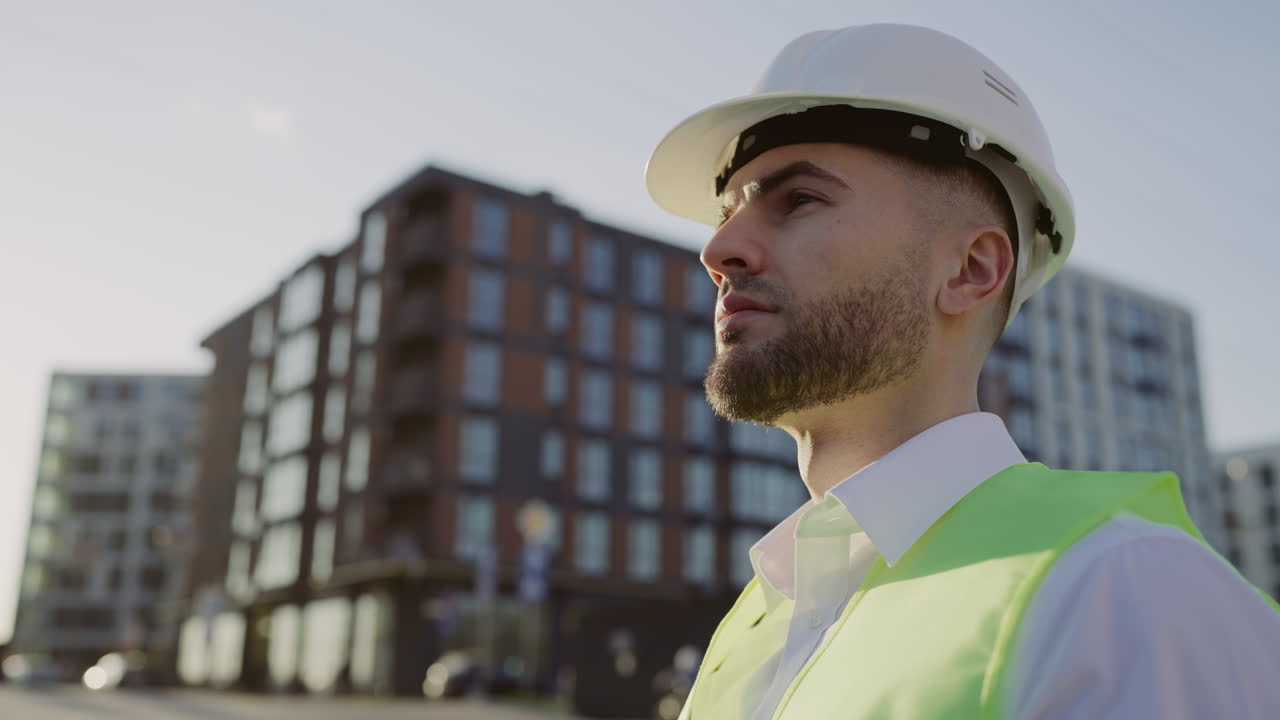 Profile of an Engineer or Construction Worker in a Hard Hat and Safety Vest Outdoors
