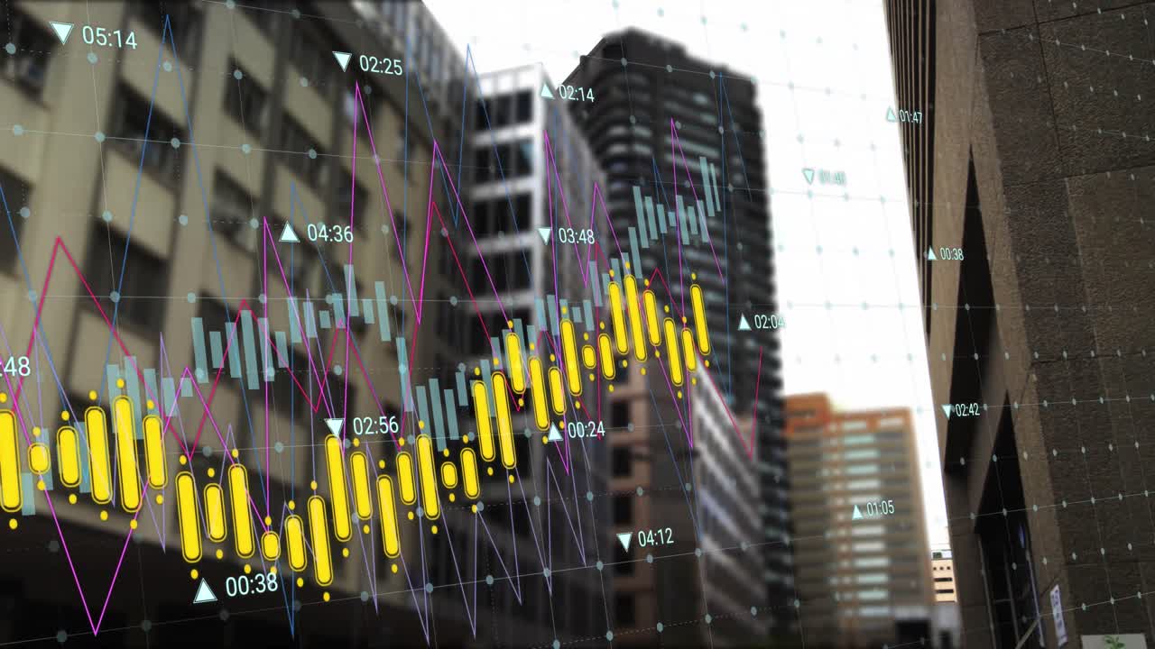 animación del procesamiento de datos financieros sobre el paisaje urbano