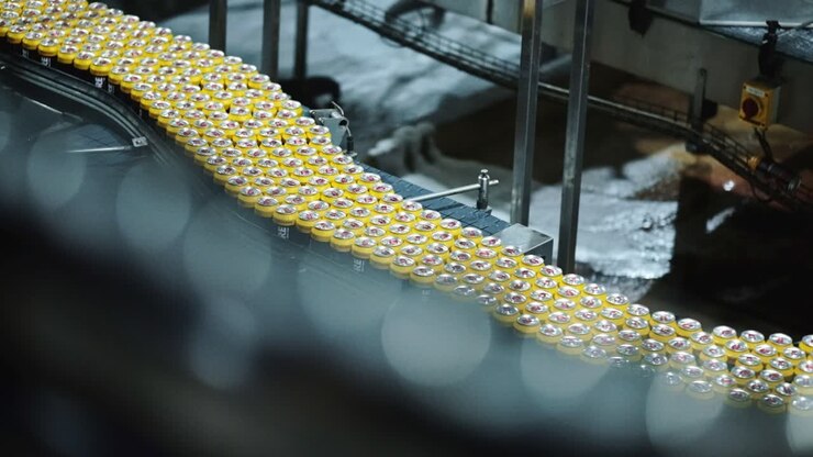 Soda cans moving through a factory