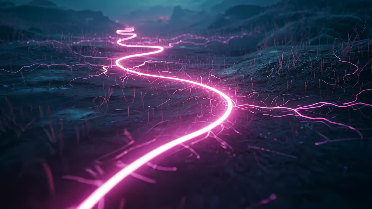 Emerging neon pink energy stream pulsing through rocky land, glowing tendrils lighting stalks